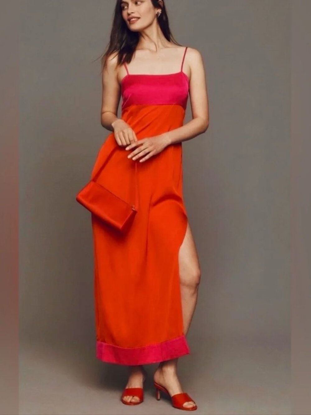 By Anthropologie Colorblock Column Midi Slip Dress Pink/Orange Size XXS